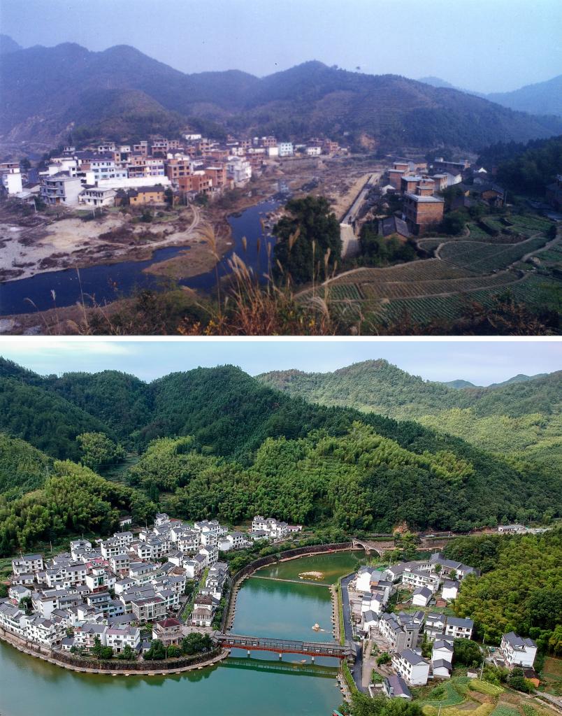 圖為浙江省杭州市淳安縣楓樹嶺鎮(zhèn)下姜村拼版圖，其中上圖為資料照片、下圖由新華社記者張鋮攝。